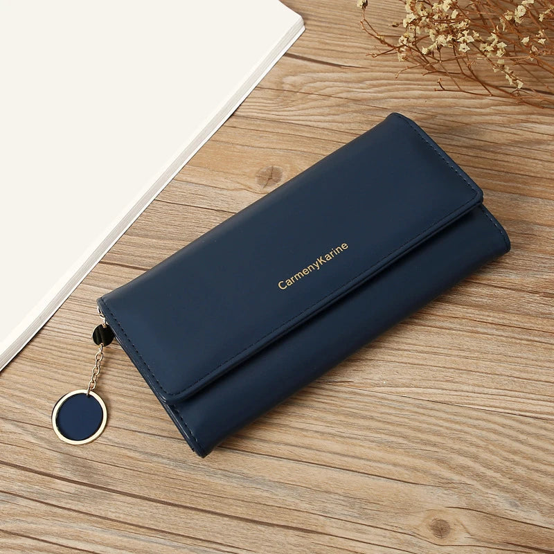 Portefeuille Femme Long Cuir PU Bleu Marine - Porte-Cartes Multifonction Pliable Clutch