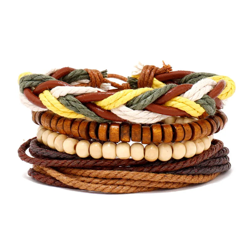 Bracelet Bohème Cuir & Perles Bois Homme – Tressé Main, 26 Coloris