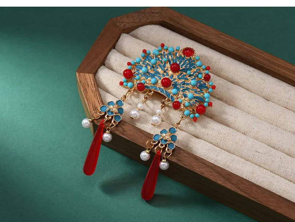 Broche Tiare Mariée Style Chinois - Ornement Luxe Pendants Couleurs Mixées