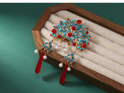 Broche Tiare Mariée Style Chinois - Ornement Luxe Pendants Couleurs Mixées