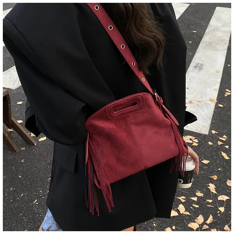 Sac à Main Femme Daim Vintage Style Français - Sac Bandoulière Épaule Glands Café