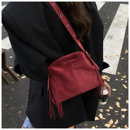 Sac à Main Femme Daim Vintage Style Français - Sac Bandoulière Épaule Glands Café