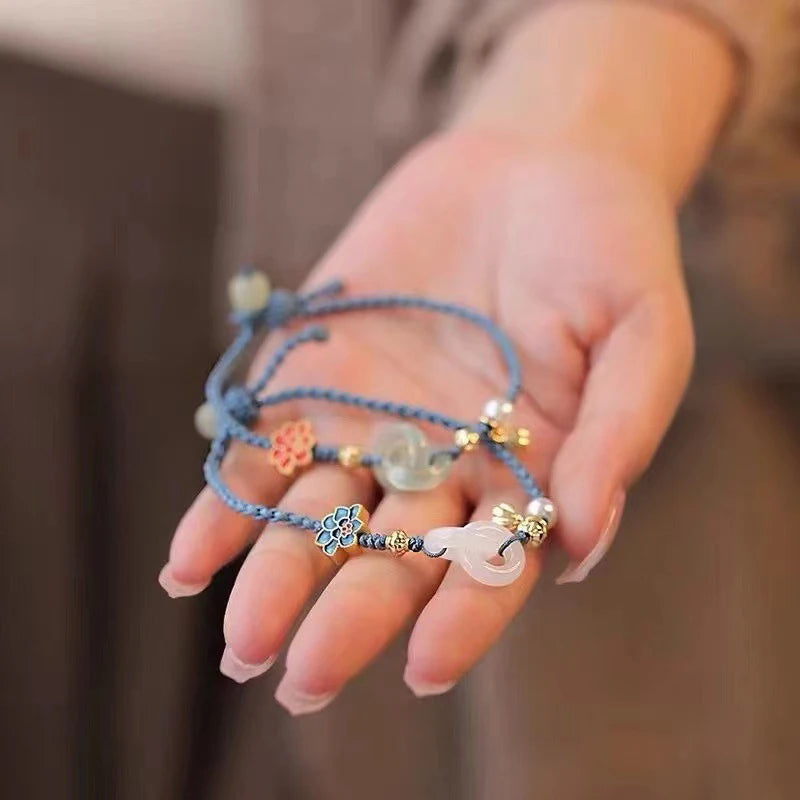 Bracelet Tressé Ethnique Lotus Jade Perle – Ajustable Fleur Femme