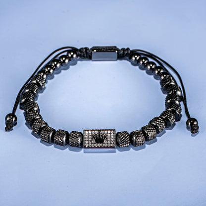 Bracelet Tressé Perle Couronne Micro-Serti – Acier Inoxydable Hommes Ajustable