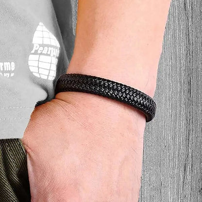 Bracelet Manchette Magnétique Homme — Cuir PU Noir, Fermoir Magnétique, Style Classique