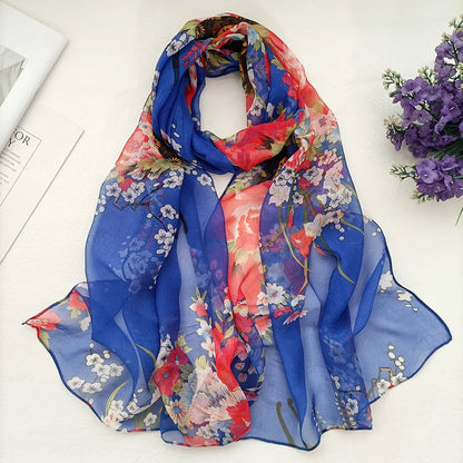 Foulard Écharpe Mousseline Georgette Femme Fleur Prune - Bandana Été Léger Respirant