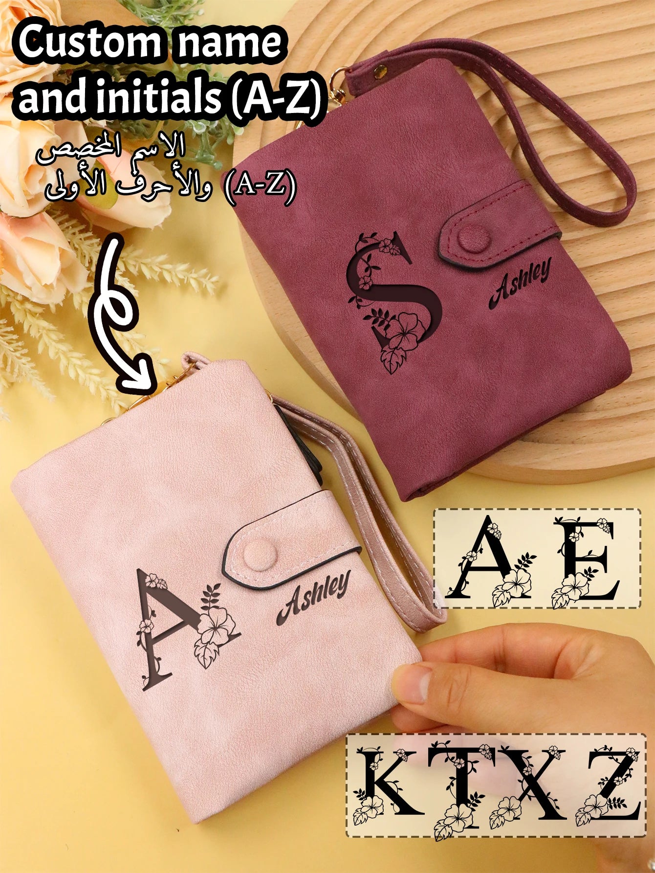 Portefeuille Femme Personnalisé Lettres Nom - Porte-Monnaie Bracelet Customisé Mat Grande Capacité