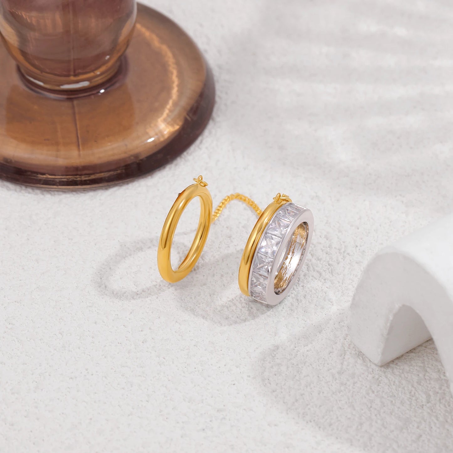 Bague Double Chaîne Plaquée Or 18K — Zircon, Acier Inoxydable, Tailles US6-8