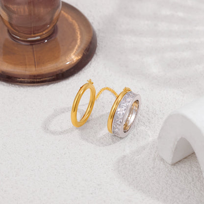 Bague Double Chaîne Plaquée Or 18K — Zircon, Acier Inoxydable, Tailles US6-8