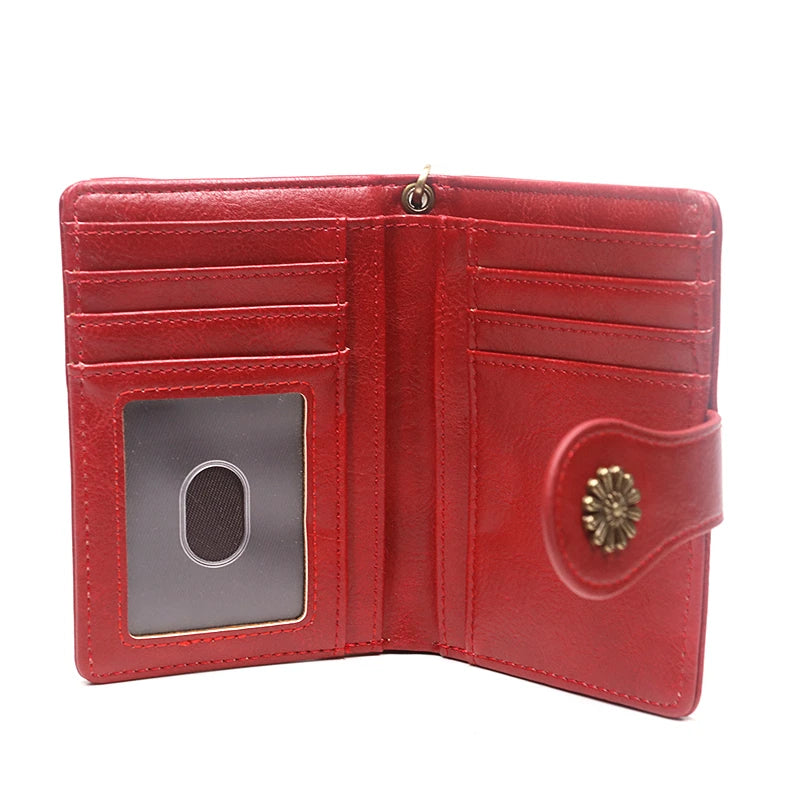 Portefeuille Femme Cuir Rétro Rouge - Porte-Monnaie Court Bifold avec Porte-Cartes Détachable