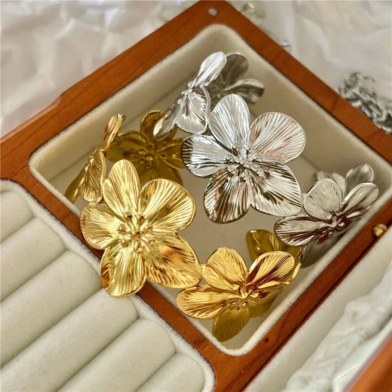 Bracelet Bangle Fleur Bohème Acier Inoxydable Large – Manchette Florale Chunky Couples Femme