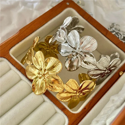 Bracelet Bangle Fleur Bohème Acier Inoxydable Large – Manchette Florale Chunky Couples Femme