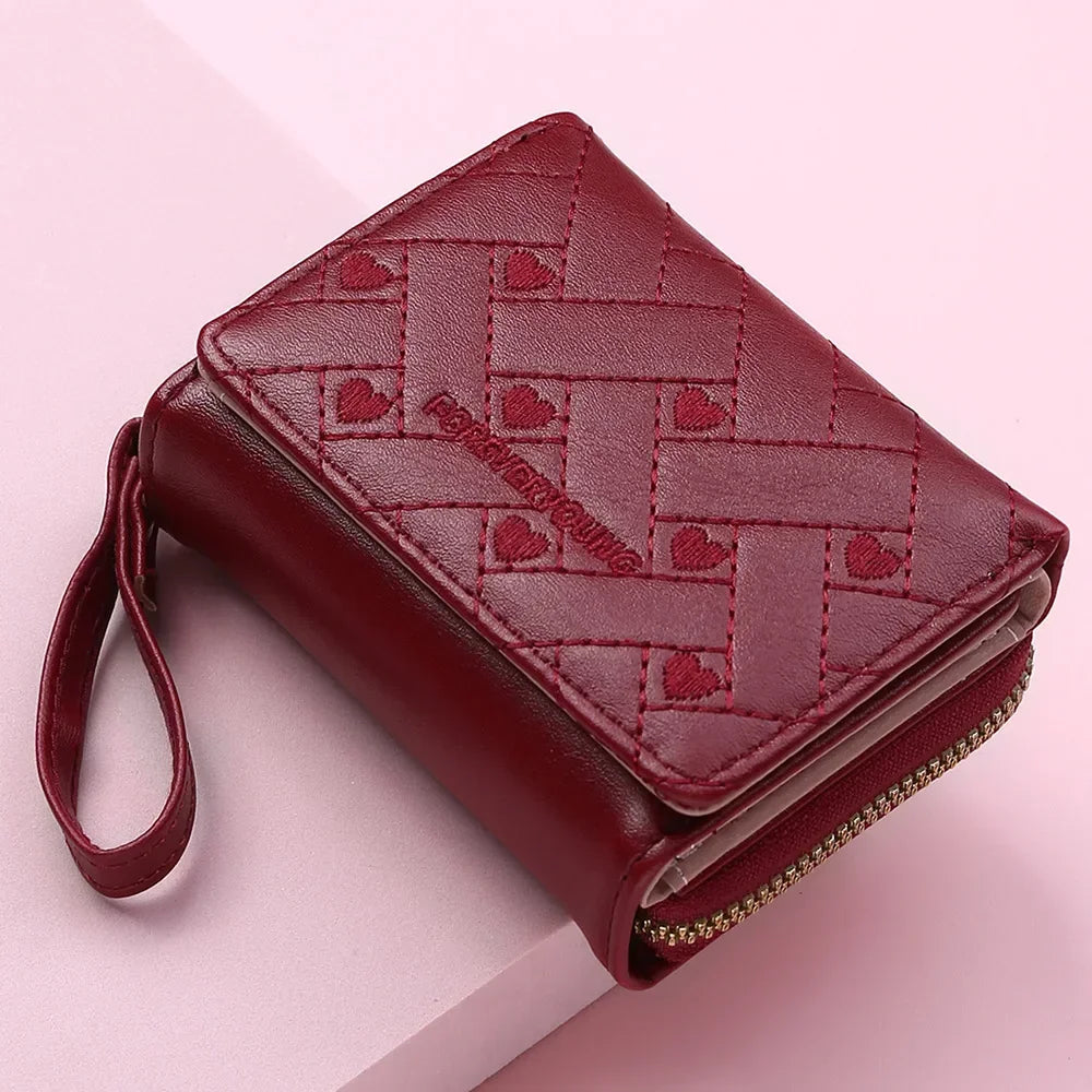 Portefeuille Femme Mignon Cœur Brodé Cuir PU - Trifold Multi-Cartes avec Porte-Monnaie