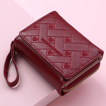Portefeuille Femme Mignon Cœur Brodé Cuir PU - Trifold Multi-Cartes avec Porte-Monnaie