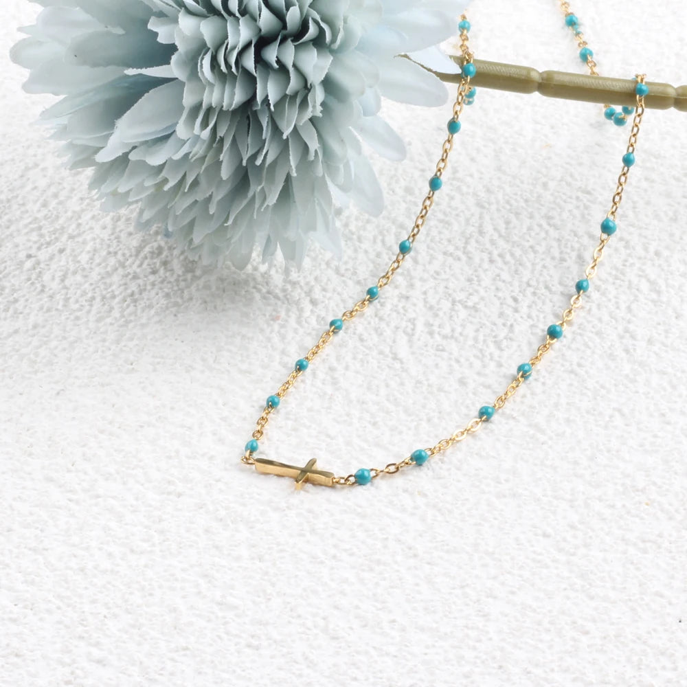 Collier Choker Bohème Croix Émaillé – Acier Inoxydable Plaqué Or Femme