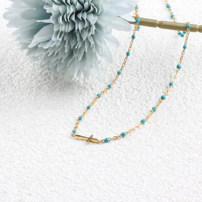 Collier Choker Bohème Croix Émaillé – Acier Inoxydable Plaqué Or Femme