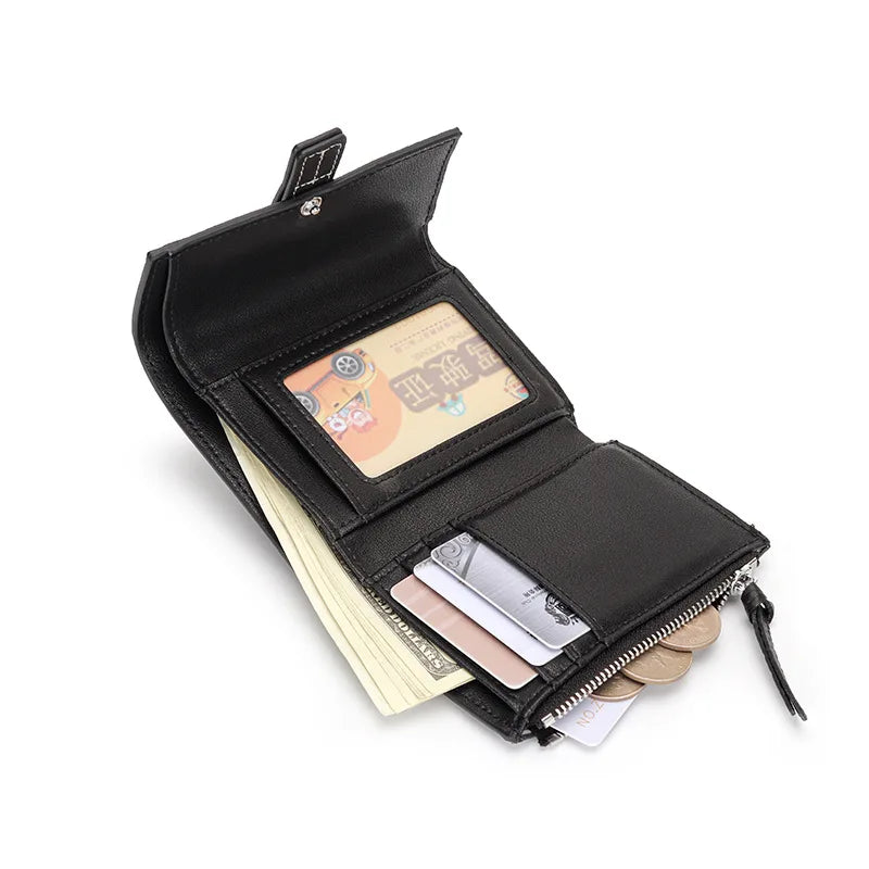Portefeuille Femme Court Cuir Véritable Trifold - Porte-Monnaie Zippé Grande Capacité Contraste Marron