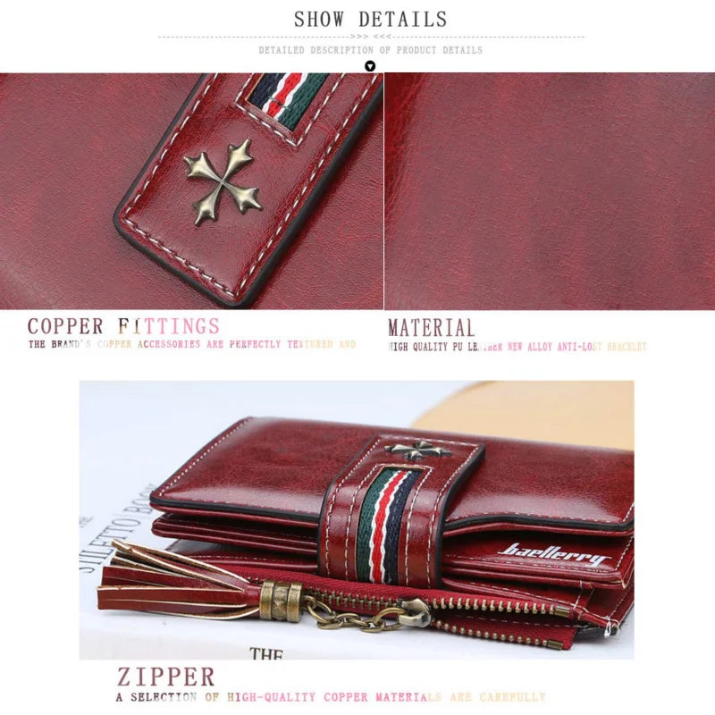 Portefeuille Femme Cuir Ciré Glands - Porte-Monnaie Tri-Fold Multi-Fentes Fermeture Éclair