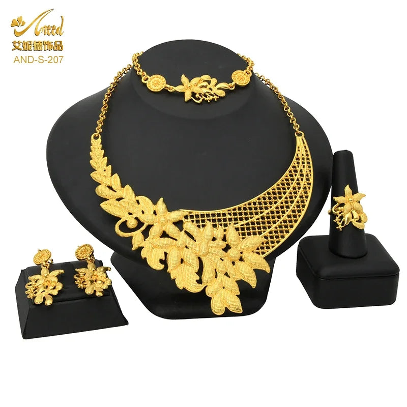 Parure Mariée Indienne Éthiopienne Plaqué Or 24k - Collier, Boucles, Bague et Bracelet
