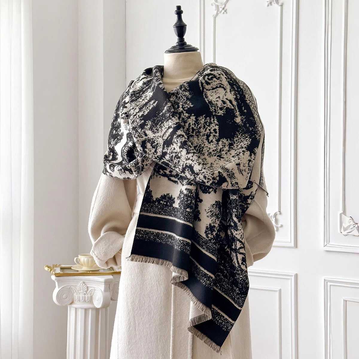 Foulard Écharpe Cachemire Luxe Femme Hiver - Châle Pashmina Rayé Imprimé Poncho Franges
