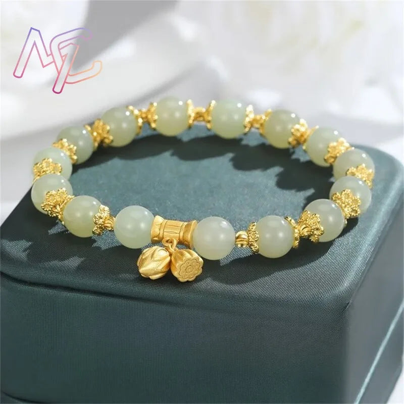 Bracelet Perles Jade Naturel Fleur Lotus – Bangle Pierre Gemme Vintage Classique Femme