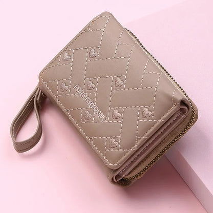 Portefeuille Femme Mignon Cœur Brodé Cuir PU - Trifold Multi-Cartes avec Porte-Monnaie
