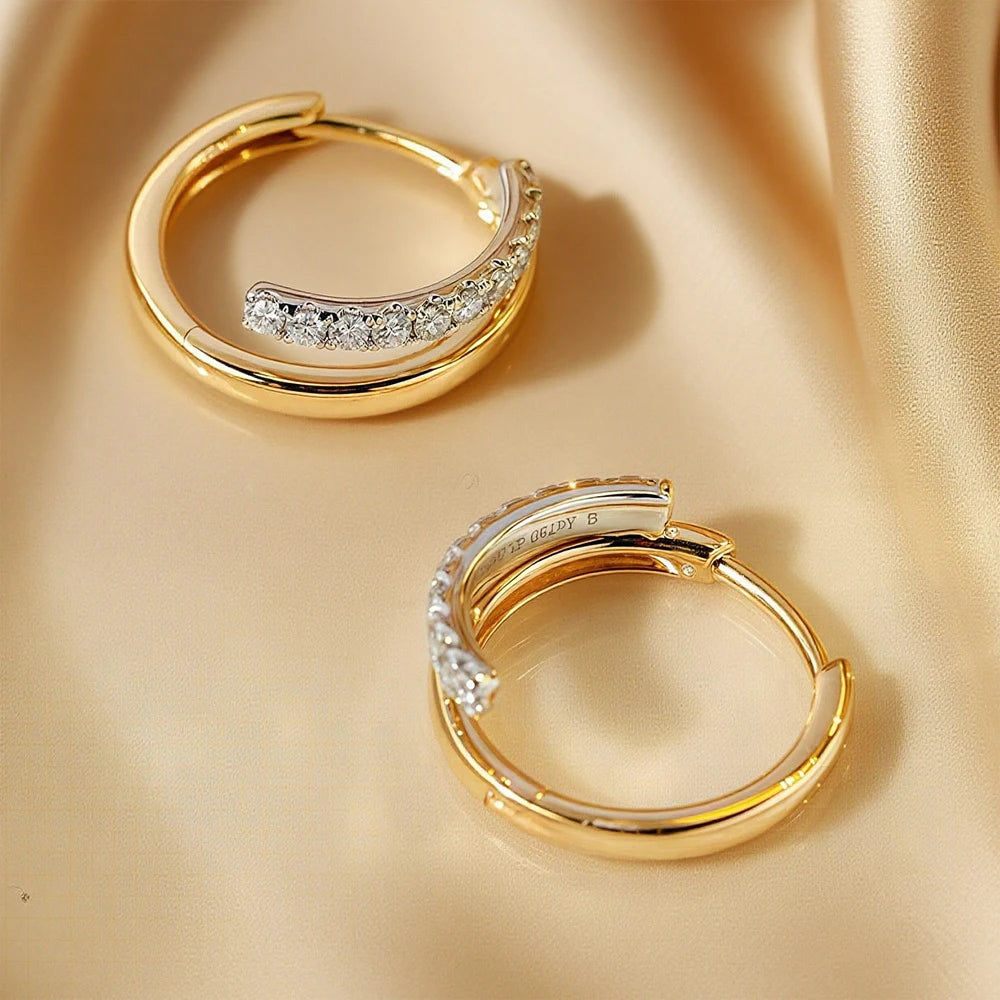 Boucles d'Oreilles Créoles Moissanite 2mm Argent 925 Plaqué Or 18K – Double Cercle Diamant Femme