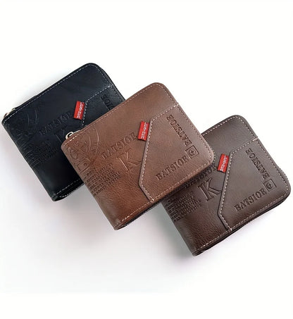 Portefeuille Homme Cuir PU Cire Huile - Court Porte-Monnaie Fermeture Éclair Porte-Cartes