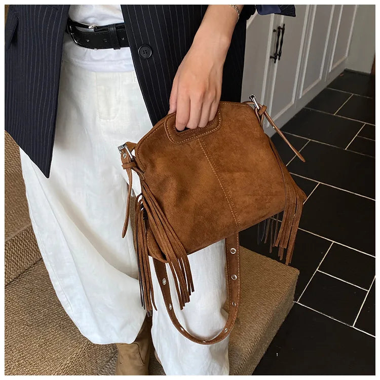 Sac à Main Femme Daim Vintage Style Français - Sac Bandoulière Épaule Glands Café