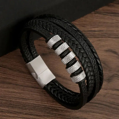 Bracelet Cuir Tressé Multicouche Punk – Boucle Magnétique Croix Homme