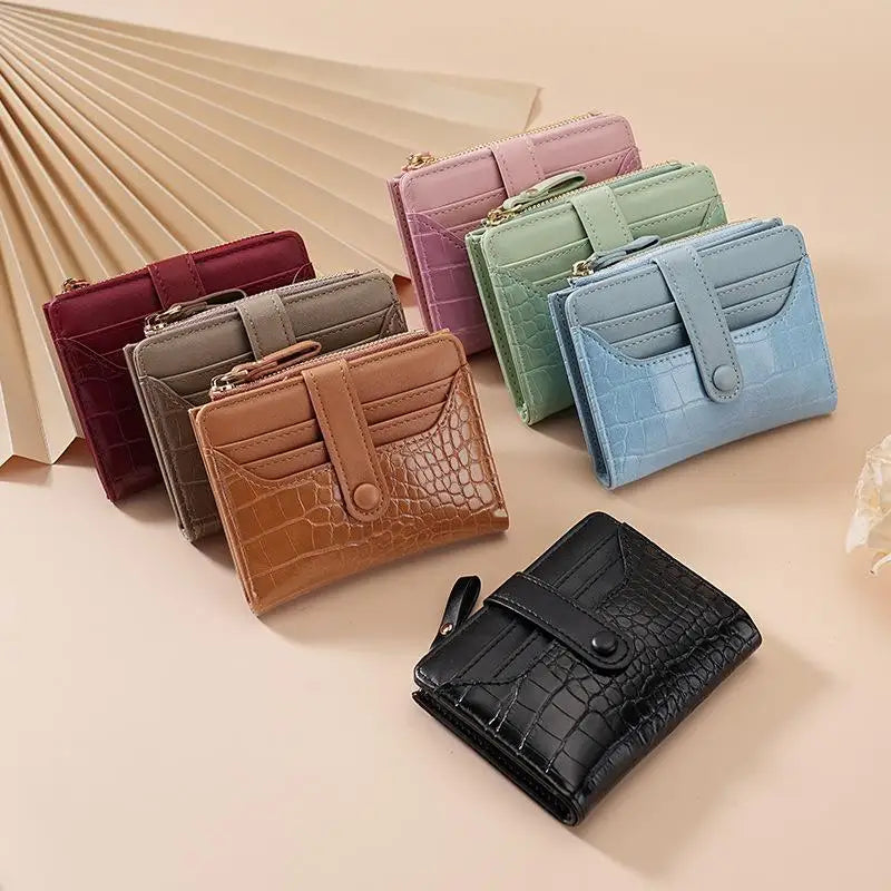 Portefeuille Femme Court Cuir PU Imprimé Crocodile Zippé - Porte-Carte Multi-Emplacements Imperméable Kaki