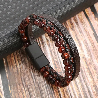 Bracelet Cuir Tressé Multicouche Punk – Boucle Magnétique Croix Homme