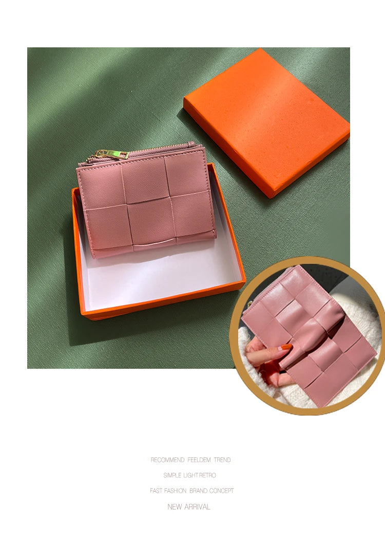 Portefeuille Femme Cuir Tressé - Porte-Monnaie Bifold Multi-Cartes Compact