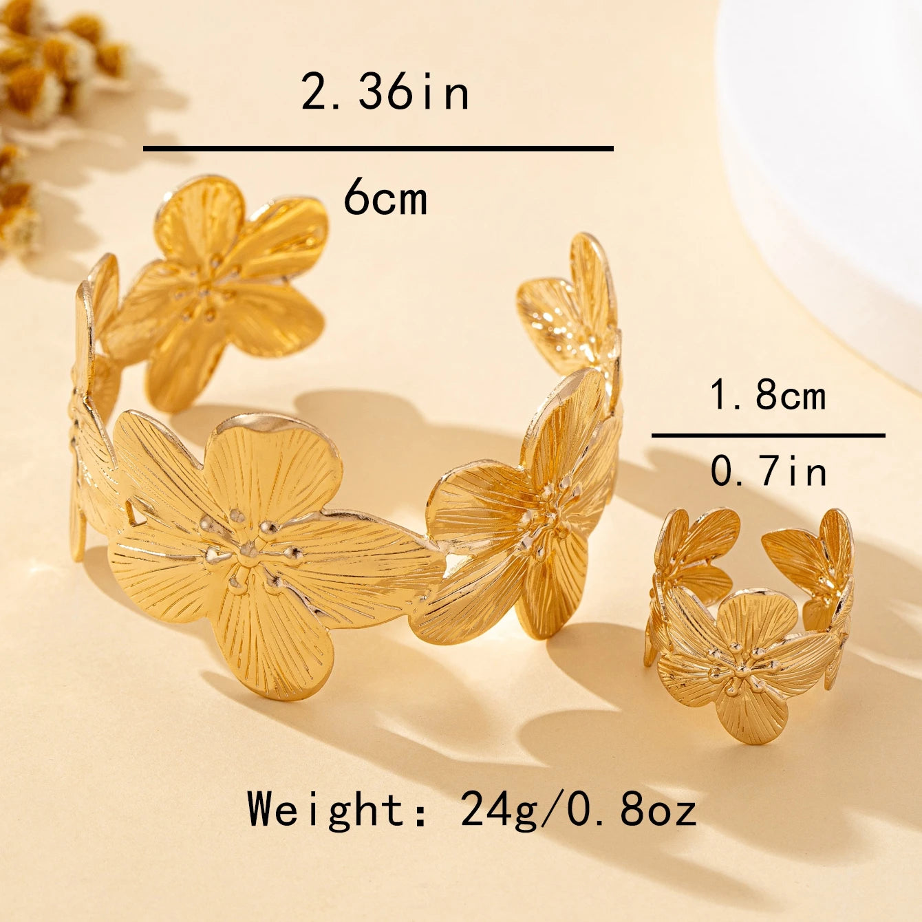 Ensemble Bracelet Bague Fleurs Bohème Doré – Ajustables Romantique Mariage