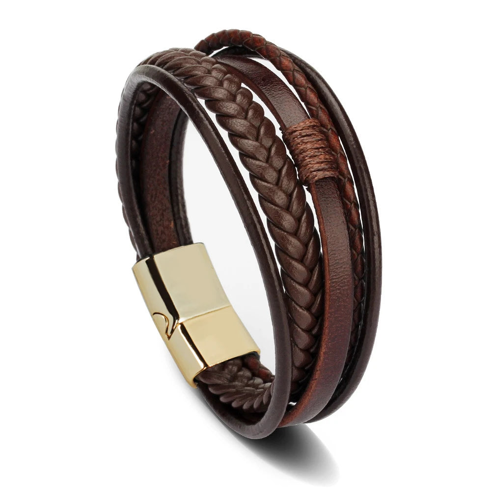 Bracelet Cuir Multicouche Tressé Homme – Acier Inoxydable 21 cm 14 Coloris Cadeau