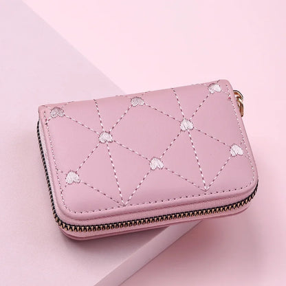 Portefeuille Femme Mignon Cœur Brodé Cuir PU - Trifold Multi-Cartes avec Porte-Monnaie