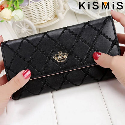 Portefeuille Femme Long Cuir PU Carreaux Rose - Porte-Carte Téléphone Hasp Poche Monnaie Élégant
