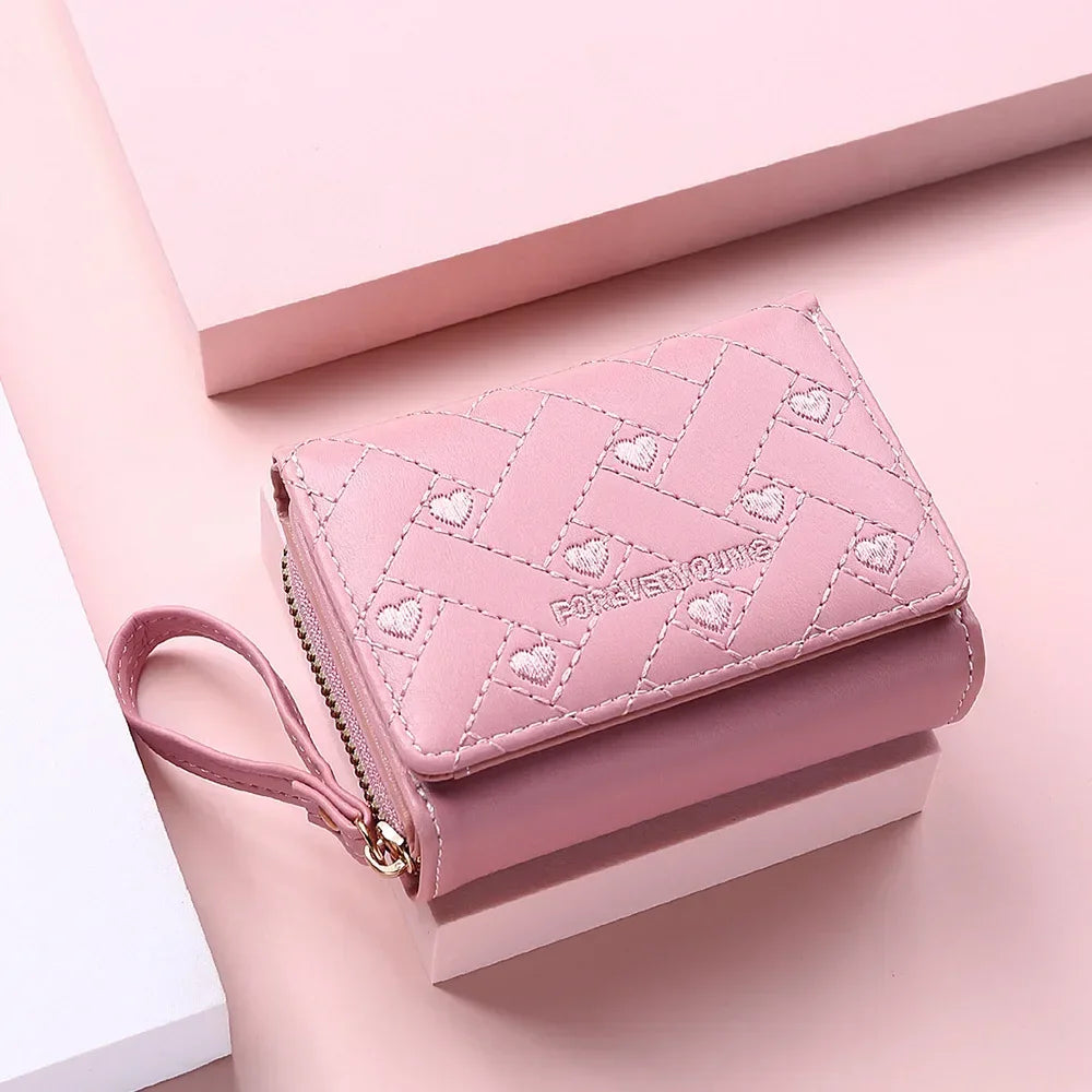 Portefeuille Femme Mignon Cœur Brodé Cuir PU - Trifold Multi-Cartes avec Porte-Monnaie
