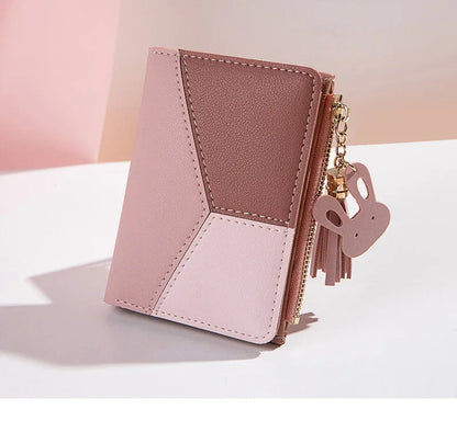 Portefeuille Court Femme Cuir PU avec Pompon - Porte-Cartes Pliable Portable
