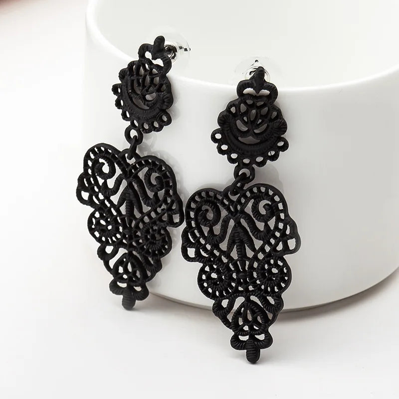 Boucles d'Oreilles Pendantes Feuilles Fleurs Ajourées - Statement Bohème Exagéré