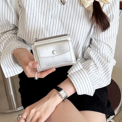 Portefeuille Femme Court Cuir PU Argenté - Porte-Carte Zippé Ultra Fin Multifonction Élégant