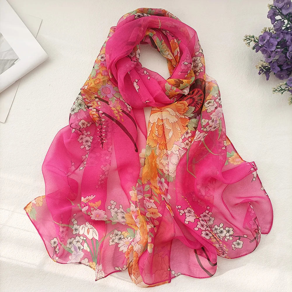 Foulard Écharpe Mousseline Georgette Femme Fleur Prune - Bandana Été Léger Respirant