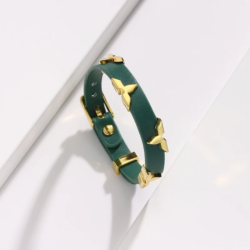 Bracelet Cuir Clous Papillon Dorés — Ajustable, Unisexe, 6 Coloris