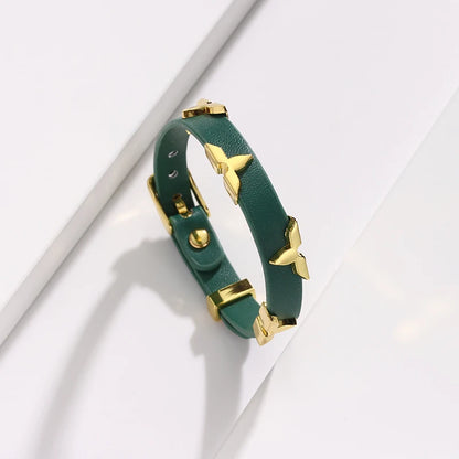 Bracelet Cuir Clous Papillon Dorés — Ajustable, Unisexe, 6 Coloris