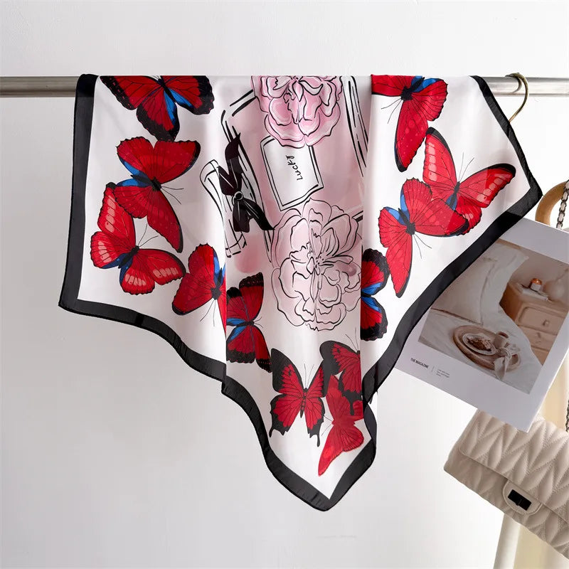 Foulard Carré Soie 70cm Imprimé Rose Femme - Écharpe Printemps Été Headscarf Bandana