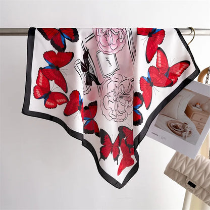 Foulard Carré Soie 70cm Imprimé Rose Femme - Écharpe Printemps Été Headscarf Bandana