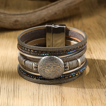 Bracelet Cuir Large Boucle Magnétique – Style Rétro Chic Femme
