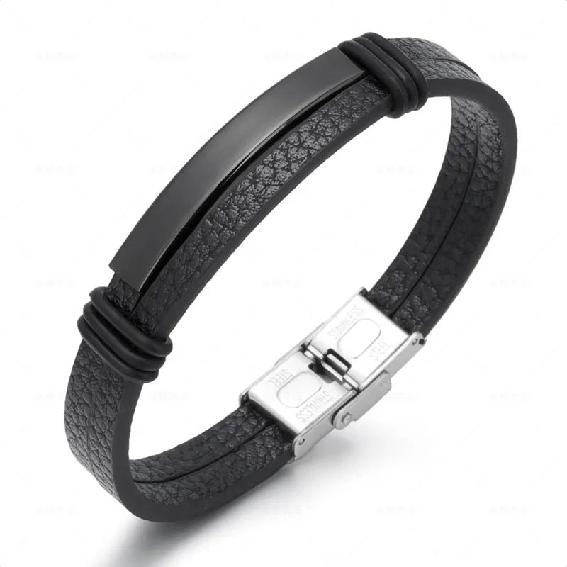 Bracelet Enroulé en Cuir pour Homme avec Charm en Acier Inoxydable