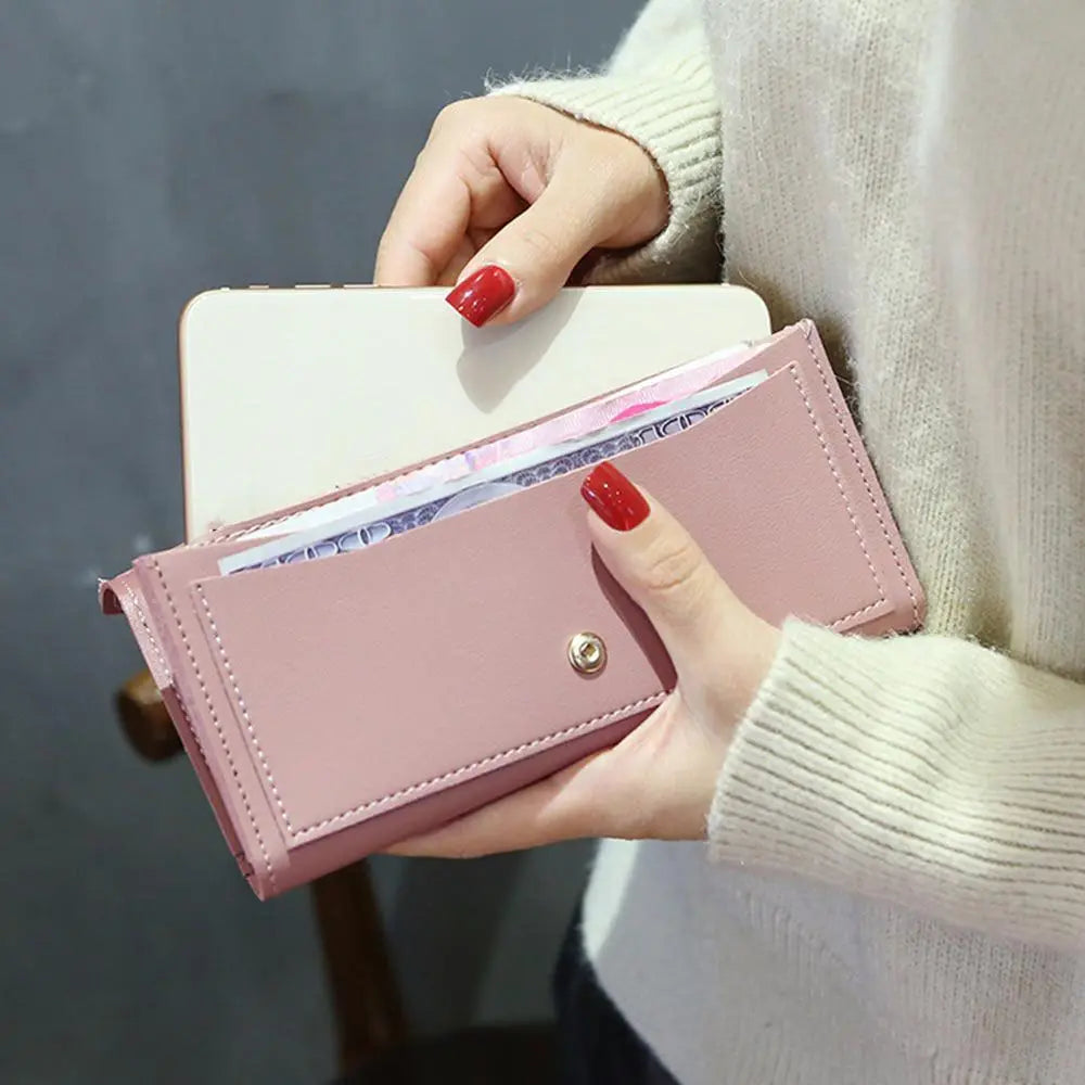 Portefeuille Femme Long Cuir PU Fermoir - Porte-Monnaie Clutch Téléphone 5 Couleurs Noir