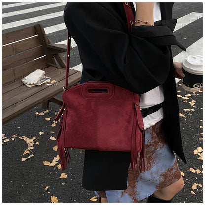 Sac à Main Femme Daim Vintage Style Français - Sac Bandoulière Épaule Glands Café